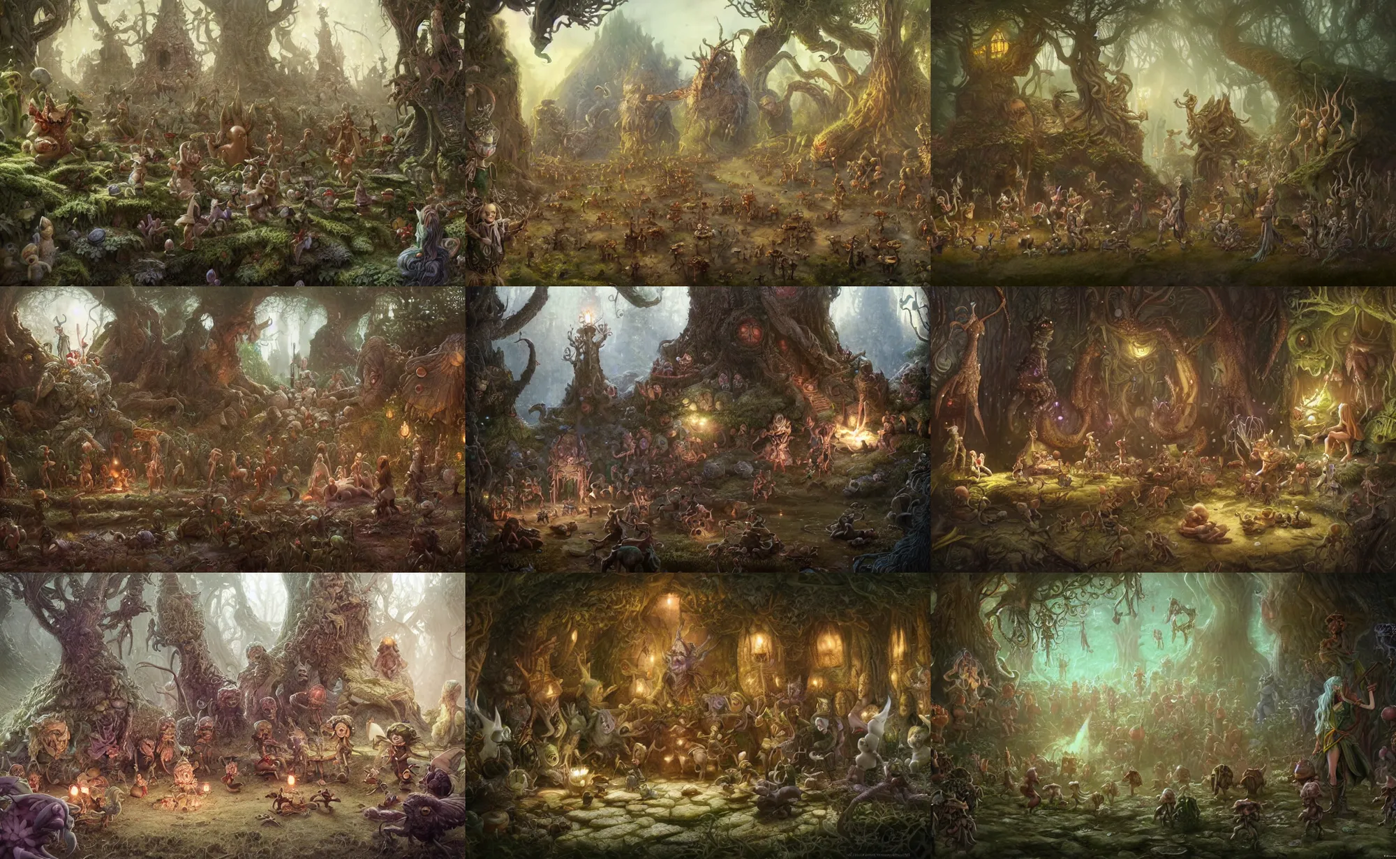 Prompt: elves having a party with tiny baby tree monsters and some critters by brian froud, highly detailed, intricate, fantasy, concept art, 8 k, lighting by greg rutkowski