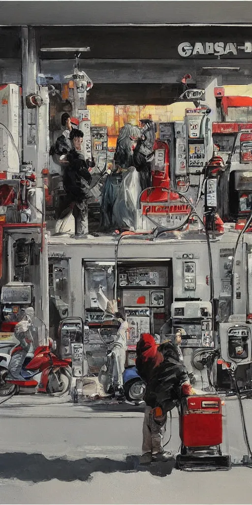 Image similar to oil painting scene from gas station by kim jung gi