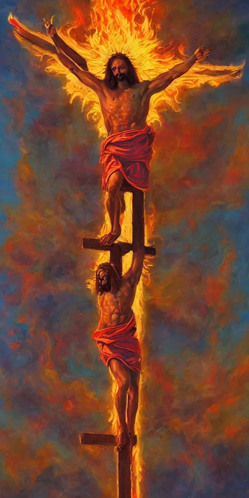 Prompt: Concept art of flaming Jesus on the cross, trending on artstation, oil on canvas, vivid color, ultra detailed.