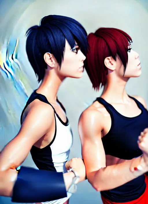 Image similar to two beautiful identical female fighters with short hair facing each other in gym, white top, dim lighting, gorgeous features, high resolution, detailed anime art