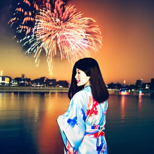 Image similar to a beautiful woman in a kimono watching fireworks