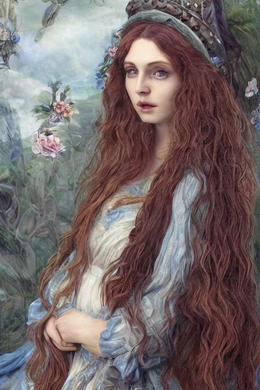 Image similar to An extremely beautiful pre-raphaelite portrait of a very beautiful and cute witch, surreal, ultradetailed, intricate, elegant, digital art painting, concept art, smooth, sharp focus, poster art, art cover illustration, regal, award winning picture, extremely detailed masterpiece, sense of awe, featured on artstation, Artgerm, effervescent punk kawaii-noir pastel bubbles, winning award piece, ethereal rainbows, Aetherpunk, low-key neon lightning, stormy weather, Exquisite details, 8K detail post-processing, matte, oil painting