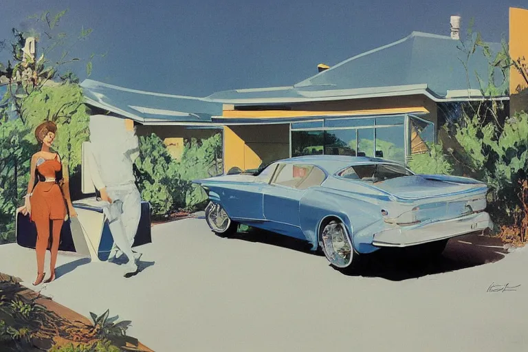 Prompt: retro futuristic car, blue and silver, on driveway of futuristic house on hill, by syd mead, john berkey, 5 0 s pulp scifi