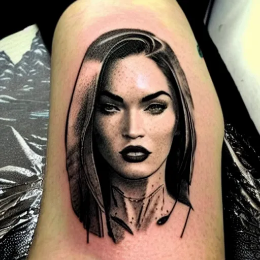 Image similar to megan fox as beautiful mountains, double exposure effect, medium sized tattoo sketch, amazing detail, trending on pinterest, in the style of alexey poprotskiy