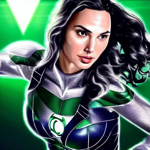 Prompt: an potrait of gal gadot cast of Green Lantern , photorealistic, high detail, full body shot.