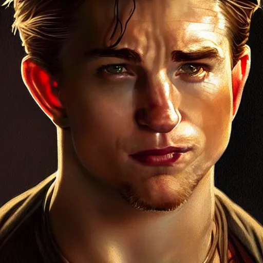 Image similar to A combination ofTom Holland's and Channing Tatum's and Robert Pattinson's faces as Nathan Drake, western, D&D, fantasy, intricate, elegant, highly detailed, digital painting, artstation, concept art, matte, sharp focus, illustration, art by Artgerm and Greg Rutkowski and Alphonse Mucha