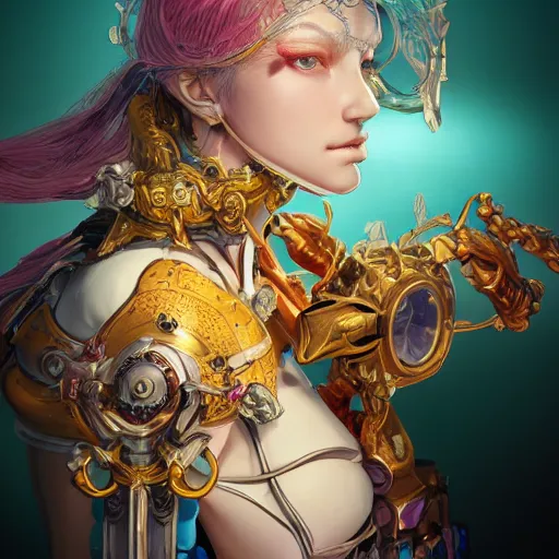 Image similar to studio portrait of lawful good colorful female holy mecha paladin absurdly beautiful, elegant, young sensual graceful woman, ultrafine hyperrealistic detailed face illustration by kim jung gi, irakli nadar, intricate linework, sharp focus, bright colors, matte, octopath traveler, final fantasy, unreal engine highly rendered, global illumination, radiant light, intricate environment