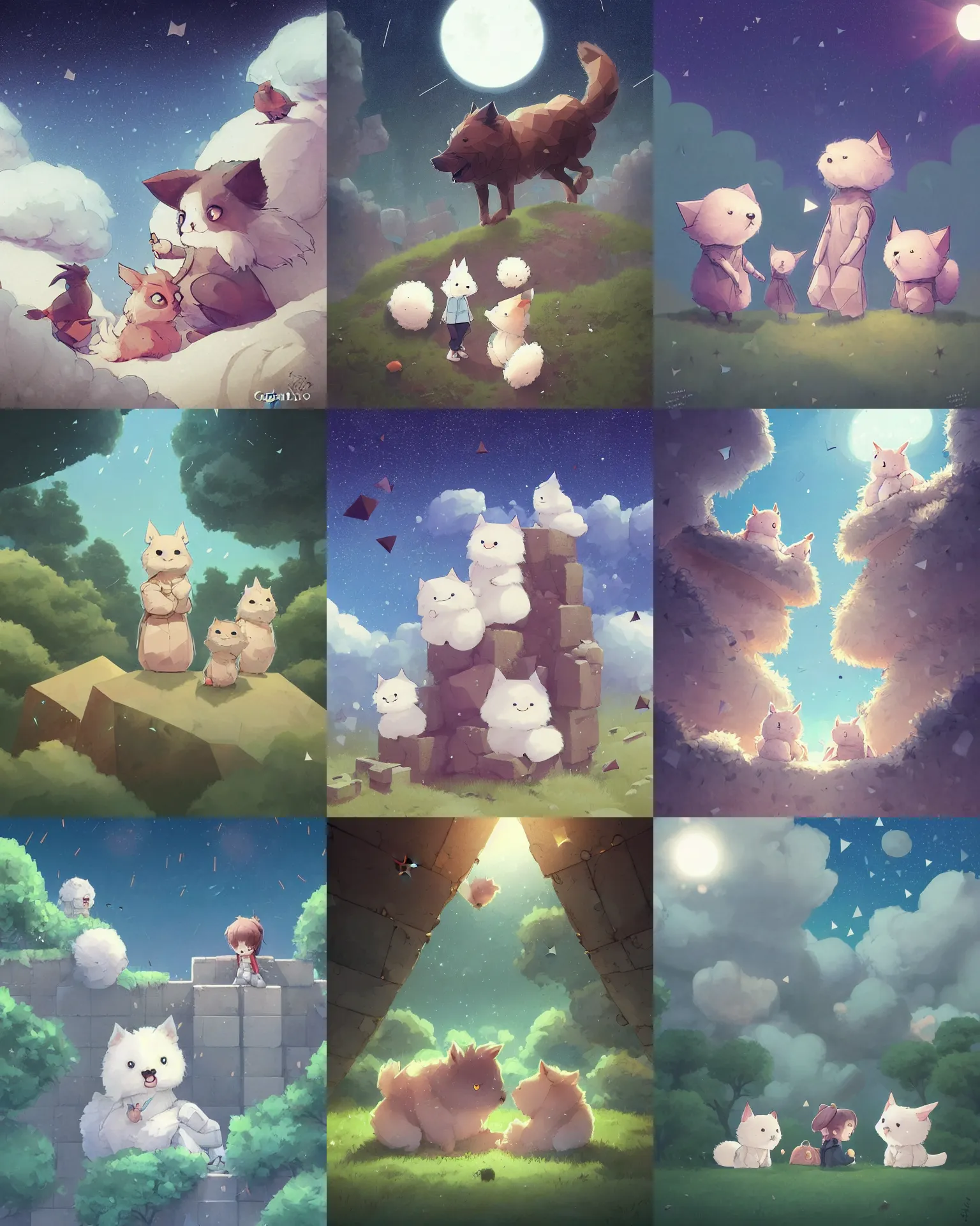Prompt: cute graphic novel fluffy characters enjoying a day on a polygonal park walls with the sky showing the stars, light dust, magnificent, close up, details, sharp focus, elegant, highly detailed, illustration, by Jordan Grimmer and greg rutkowski and PiNe(パイネ) and 薯子Imoko and 香川悠作 and wlop and maya takamura, intricate, beautiful, Trending artstation, pixiv, digital Art