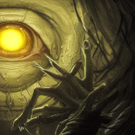 Image similar to an eye inside a mouth of a child with pointed teeth and glowing yellow eyes, nightmare, dark, h. p. lovecraft, portrait, intricate, detailed, volumetric lighting, scenery, digital painting, highly detailed, artstation, sharp focus, illustration, concept art, art by artgerm and greg rutkowski