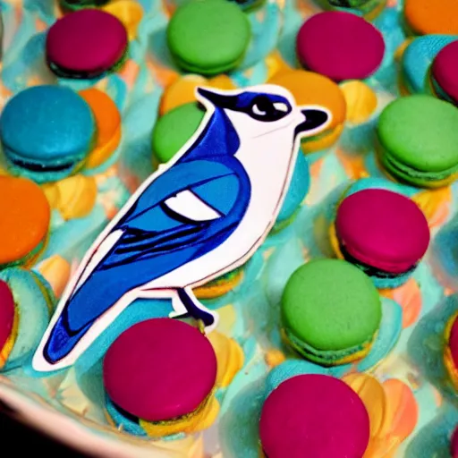 Image similar to A blue jay standing on a large basket of rainbow macarons.