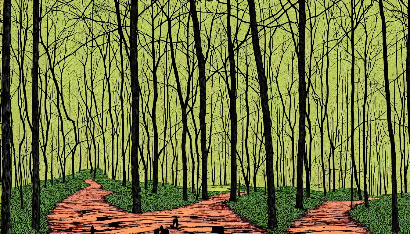 Image similar to hiking trail beneath trees by dan mumford and peter doig and edward hopper, symmetrical, minimal, black ink, thick lines highly detailed, muted colours 8 k