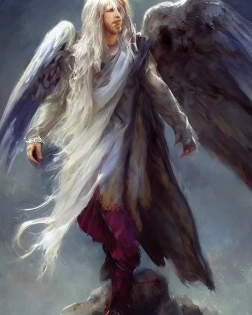 Image similar to messi, the one - winged!!!!!!! angel, male!!!!!!!, long white hair, by daniel gerhartz, trending on artstation