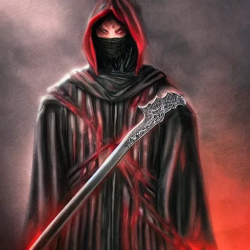 Prompt: a realistic full body of Konnor, a dragonblood, a black hood with black robes, holding a sword, extremely realistic and detailed,