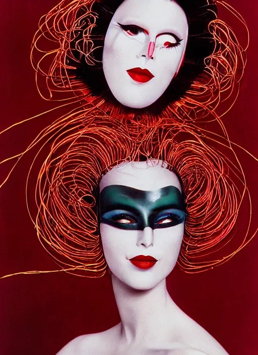 Prompt: an 8 0 s portrait of a woman with dark eye - shadow and red lips with dark slicked back hair, a mask made of wire and hanging beads, dreaming acid - fueled hallucinations, psychedelic by serge lutens, rolf armstrong, delphin enjolras, peter elson, red cloth background, frilled ruffled collar