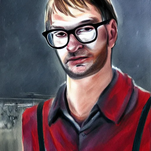 Image similar to jeffrey dahmer using gucci inmate clothes in catwalk court, oil painting, ultradetailed, digital painting, ultradetailed, perfect face, jeffrey dahmer face