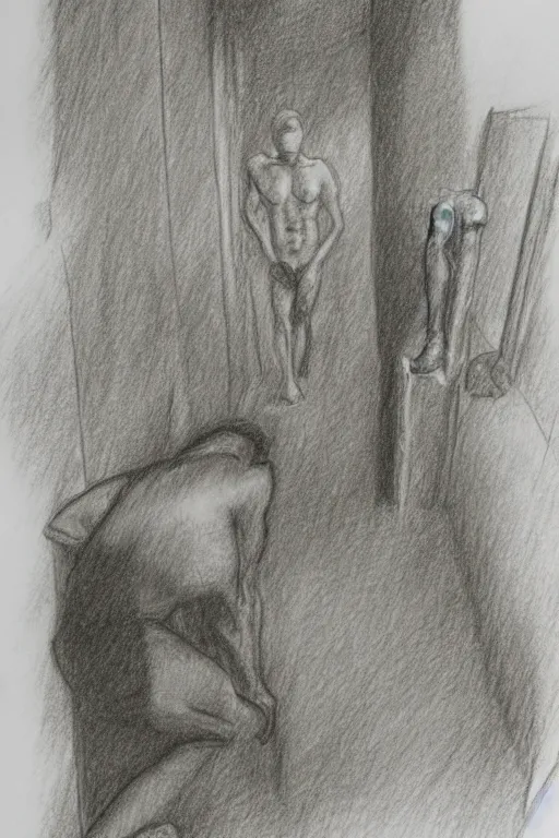 Image similar to the drawn man looks out into the black endless distance in the rain. pencil sketch