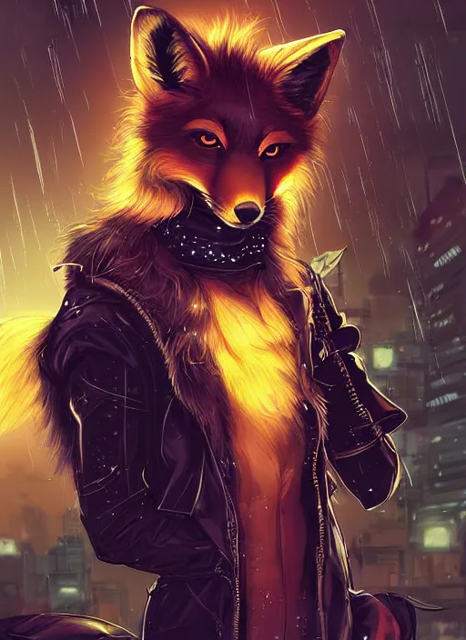 Image similar to award winning beautiful portrait commission of a male furry anthro melanated fox fursona with a tail and a cute beautiful attractive detailed furry face wearing stylish black and gold cyberpunk clothes in a cyberpunk city at night while it rains. Character design by charlie bowater, ross tran, artgerm, and makoto shinkai, detailed, inked, western comic book art