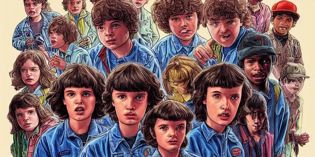 Prompt: stranger things cast, drawn by moebius, detailed