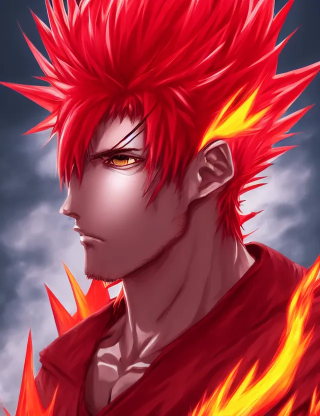 Image similar to a detailed manga portrait of a handsome tall man with spiked crimson hair in fiery crimson crystalline armour, trending on artstation, digital art, 4 k resolution, detailed, high quality, sharp focus, hq artwork, coherent, insane detail, character portrait