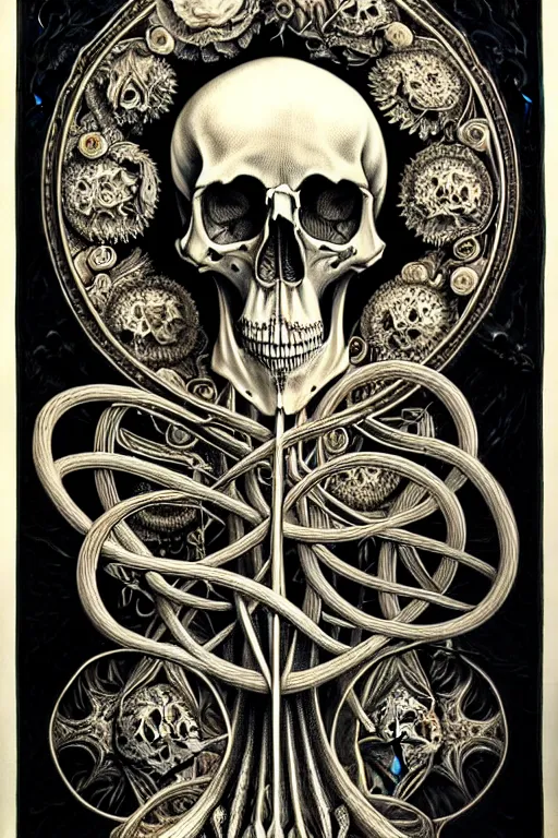 Image similar to detailed realistic memento mori lithograph by cameron gray and ernst haeckel, gothic ornament, skulls, bones, art nouveau, neogothic, ornate art nouveau botanicals, horizontal symmetry, polished