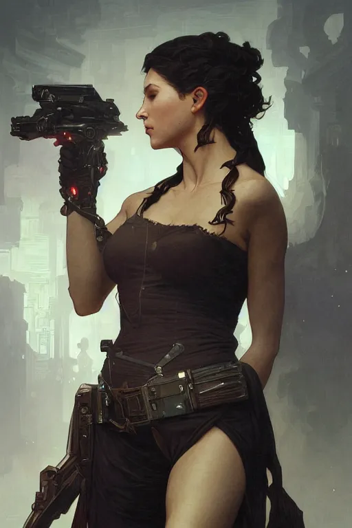 Image similar to a female bounty hunter, arcane, intricate, elegant, highly detailed, digital painting, artstation, concept art, smooth, sharp focus, illustration, art by artgerm and greg rutkowski and alphonse mucha and william - adolphe bouguereau