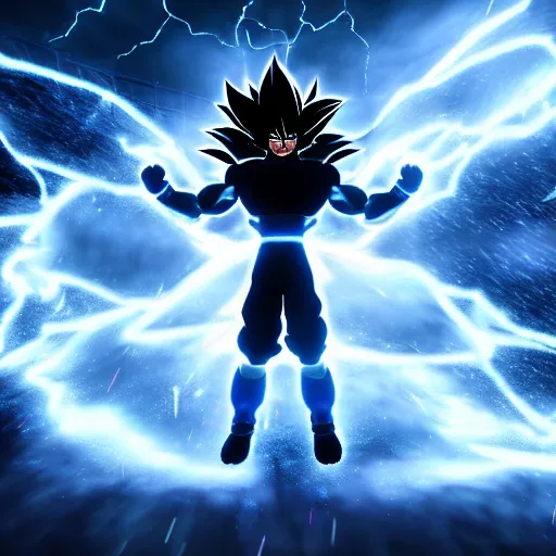 Image similar to full shot of angry darkness goku super saiyan at moonlight, snowing, lightning bolt, eruption, detailed, unreal engine 4k volumetric light, fog,