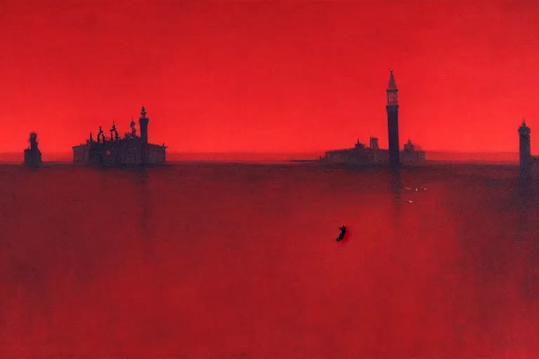 Image similar to only with red, a red dystopic knight, venice, flock of birds in the red sky, in the style of beksinski, parts by edward hopper, parts by rodcenko, parts by yue minjun, intricate and epic composition, red by caravaggio, insanely quality, highly detailed, masterpiece, red light, artstation, 4 k