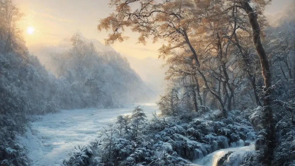 Image similar to the most beautiful panoramic landscape, oil painting, where a giant dreamy waterfall and the river below are frozen, the trees around have snow over their leafs, a majestic deer is exhaling steam and the ray lights of the sunrise are brightening him, by greg rutkowski