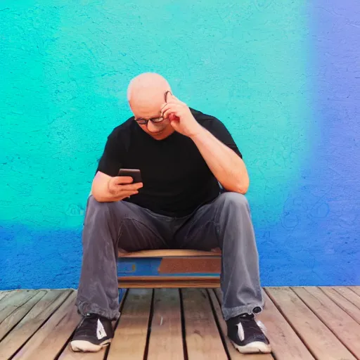 Prompt: a man sitting on a bench playing with his phone, studio photography, vibrant image, studio lightning, 8 k