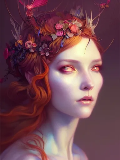 Prompt: the fairy queen by james jean, charlie bowater, tom bagshaw, nikolay makovsky : : ethereal, magical, portrait, character design, illustration, hyperrealism, photorealism, digital art, concept art, fantasy, whimsy, weta, wlop, artstation
