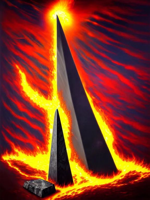 Image similar to savage electric flames engulfing an obsidian obelisk, beautiful, mythical, mystical, highly detailed, hyperrealistic, energy, low light, high contrast, lifelike, bright sky