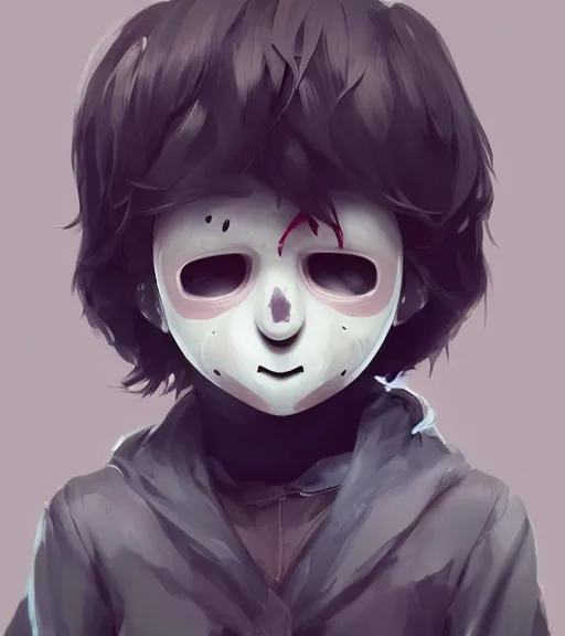 Prompt: beautiful little boy anime character inspired by jason voorhees, art by rossdraws, wlop, ilya kuvshinov, artgem lau, sakimichan and makoto shinkai, concept art, anatomically correct, extremely coherent, realistic, mask, smooth hd, 8 0 s haircut