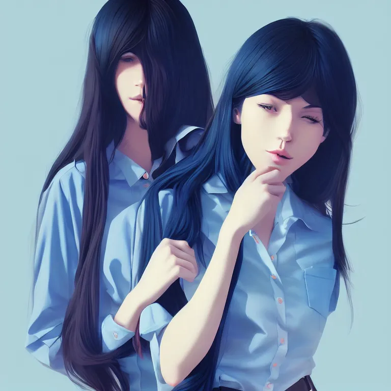 Image similar to urban high school girl in shirt fanart, dark blue long hair, muted colors, matte print, pastel colors, ornate, digital art, digital painting, fan art, elegant, artstation, by Ilya Kuvshinov