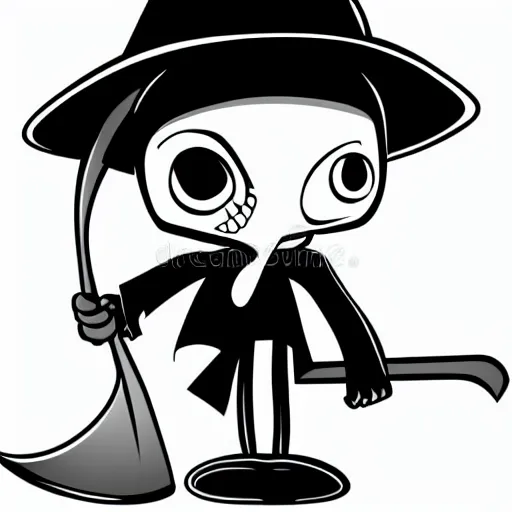 Image similar to cute cartoon drawing of a grim reaper with childish proportions holding a scythe, big head, big eyes, skull head, vector illustration, style of disney animation