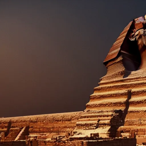 Prompt: a beautiful intricate epic futuristic epic scene of the cyber sphinx of giza, cinematic lighting