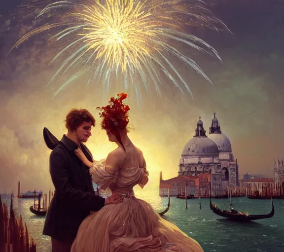 Image similar to photography of a 1 8 th couple in venice with fireworks, deep focus, intricate, elegant, highly detailed, digital painting, artstation, concept art, matte, sharp focus, illustration, art by artgerm and greg rutkowski and alphonse mucha and gil elvgren