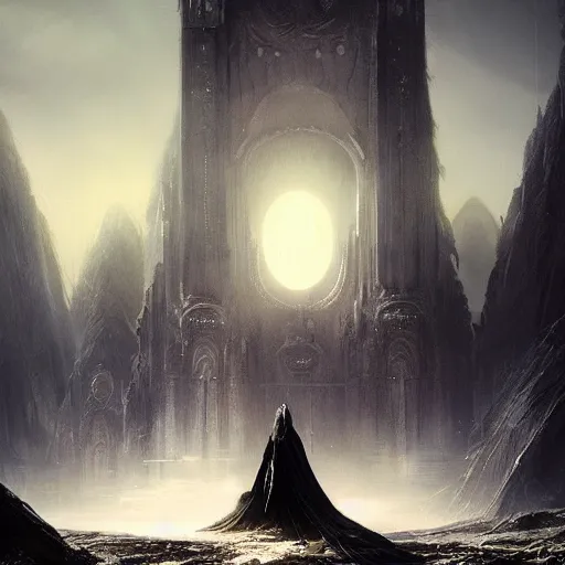 Image similar to of a beautiful black haired woman with pale skin and a crown on her head sitted on an intricate metal throne in eerie atmospheric alien worlds, epic cinematic matte painting, art by greg rutkowski