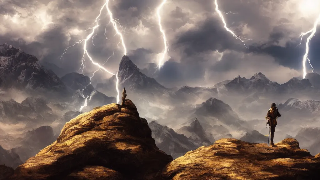 Prompt: someone standing at the peak of a mountain, big planet in the background, majestic, digital painting, cinematic lightning, highly detailed, trending on artstation