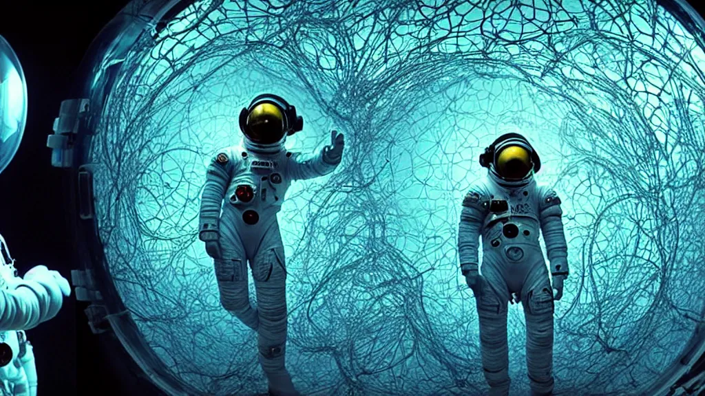 Image similar to a cybernetic symbiosis of a single astronaut eva suit swimming in infected with diamond 3d fractal lace iridescent bubble 3d skin covered with insectoid compound eye camera lenses floats through the living room, film still from the movie directed by Denis Villeneuve with art direction by Salvador Dalí, wide lens,