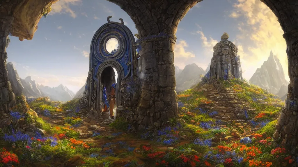 Image similar to A giant medieval fantasy blue energy portal gate with a rusty gold carved lion face at the center of it, the portal takes you to another world, full of colorful flowers on the lost Vibes and mountains in the background, spring, delicate fog, sea breeze rises in the air, by andreas rocha and john howe, and Martin Johnson Heade, featured on artstation, featured on behance, golden ratio, ultrawide angle, f32, well composed, rule of thirds, center spotlight, low angle view