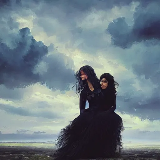 Image similar to morning, raven perching on the shoulder of a woman in a black dress. sun, cinematic, clouds, vogue cover style, contracting colors mood, realistic painting, intricate oil painting, high detail, figurative art, multiple exposure, poster art, 3 d, by simon bisley, ismail inceoglu, wadim kashin, filip hodas.