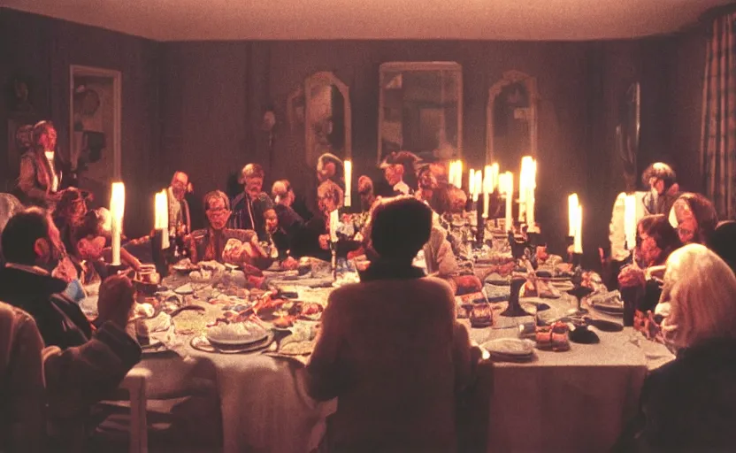 Image similar to Aliens sitting around a big dinner table with candles in the shining by stanley kubrick, shot by 35mm film color photography