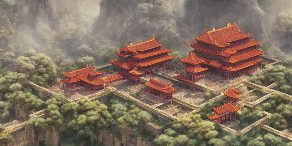 Prompt: magnificent chinese immortal palace, mineral color painting, concept art, dreamy, render by octane and blender, hyper realistic, cinematic lighting, unreal engin 5, by krenz cushart, 8 k, vray render, artstation, deviantart