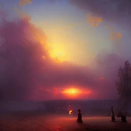 Image similar to burning sky over an empty playground, artwork by Ivan Aivazovsky, highly detailed, digital art, 8k resolution, trending on art station