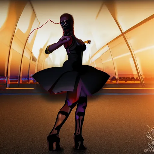 Prompt: cyberpunk woman dancing in front of sunset, hyperrealism