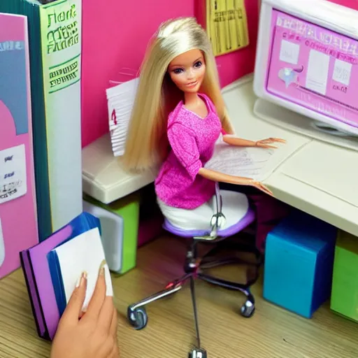 Image similar to a tired!!!!! and sad!!!!! looking barbie doll sits at a desk in her office. the desk is overflowing!!! with several large stacks!!! of paper that surround!!! her entirely. her head is resting on her hand, photorealistic,