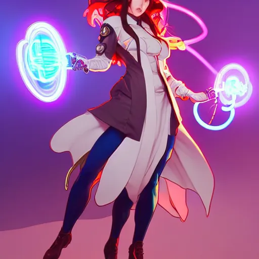 Image similar to a full body character design by artgerm, cushart krenz, ross tran, alphonse mucha. cute mad scientist girl lab coat futuristic shoulder cannon bazooka!! bold outline sharp edges. ultra clear detailed. 8 k. elegant, neon colors, dynamic angle, intricate complexity, epic composition, action pose, cinematic lighting masterpiece