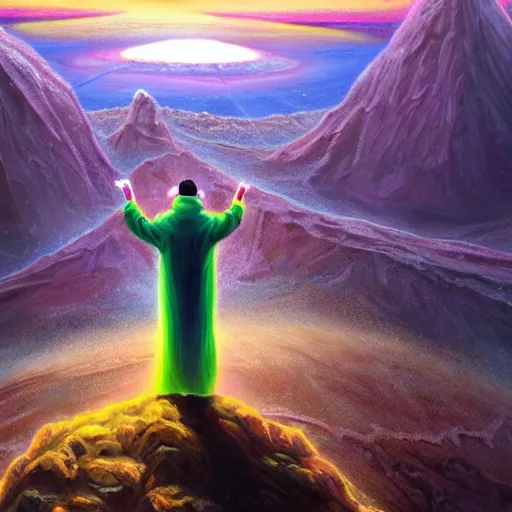 Prompt: A robed wanderer stands atop the final summit at the end of time as witness to the final fleeting moments of the universe. A highly detailed surreal oil painting on neon geometric canvas of the last wizard and the doom of spacetime. trending on Pixiv. trending on ArtStation. A vibrant digital oil painting. A highly detailed fantasy character illustration by Wayne Reynolds and Charles Monet and Gustave Dore and Carl Critchlow and Bram Sels