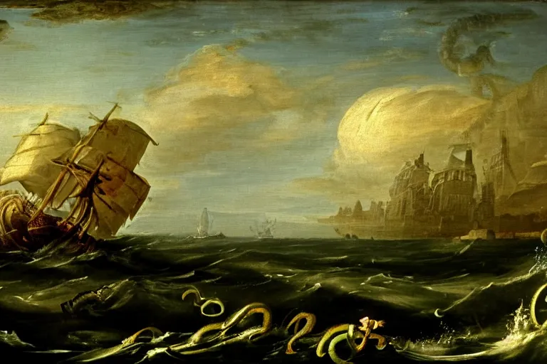 Image similar to A Kraken attacks a ship, Claude Lorrain (1648), oil on canvas, detailed brushstrokes