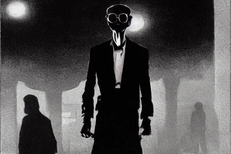 Prompt: orientalist portrait of a slender man with short hair and rounded sunglasses, smiles in despair, atmospheric and obscure, standing in a parking lot, surrounded by mist and red lights, by roger deakins, cinematography, syd mead, phil hale, 5 0 mm